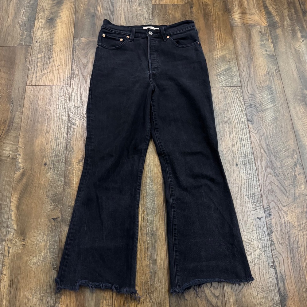 Levis Ribcage Crop Flare Jeans Black High Rise Raw Hem Button Fly Size 28 Womens